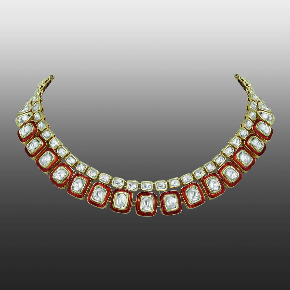Square and Rectangular Polki Necklace with Red Enamel